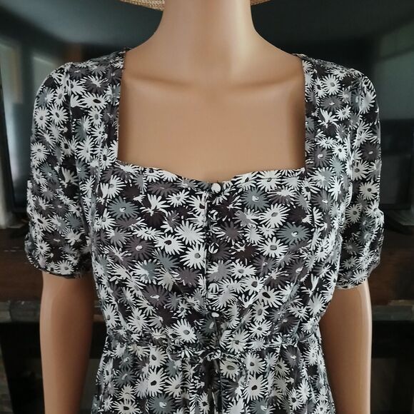 Womens Floral Babydoll Button Pull Tie Front Retro Beachy Boho Mini Summer Dress - Picture 4 of 12